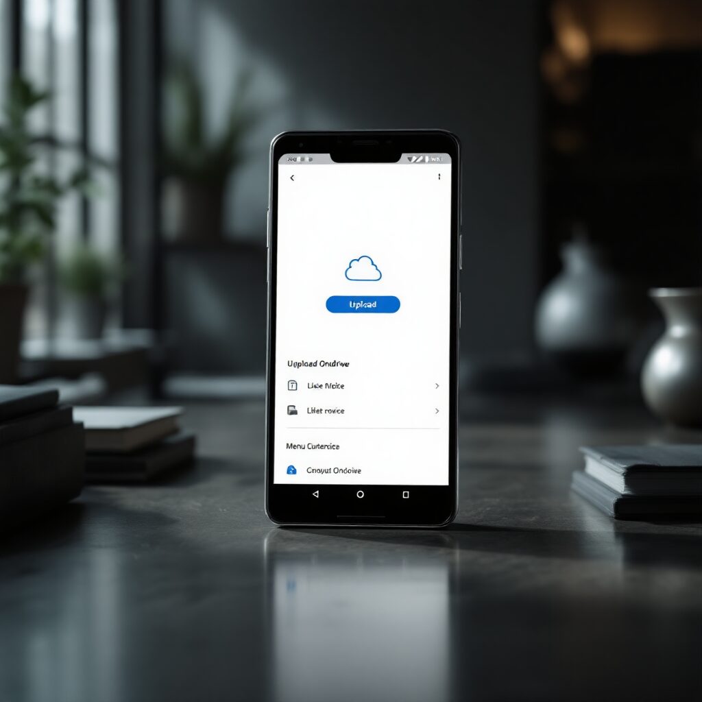 microsoft onedrive app interface showing upload button and menu